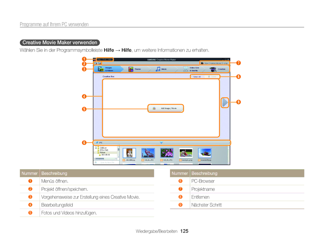 Samsung WB850F, WB855F manual Creative Movie Maker verwenden , Nummer Beschreibung 